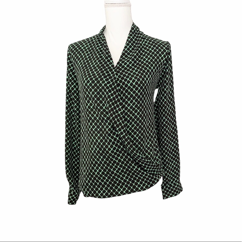 Anthropologie Pleione Long Sleeve Green Black Wrap Blouse Size Medium